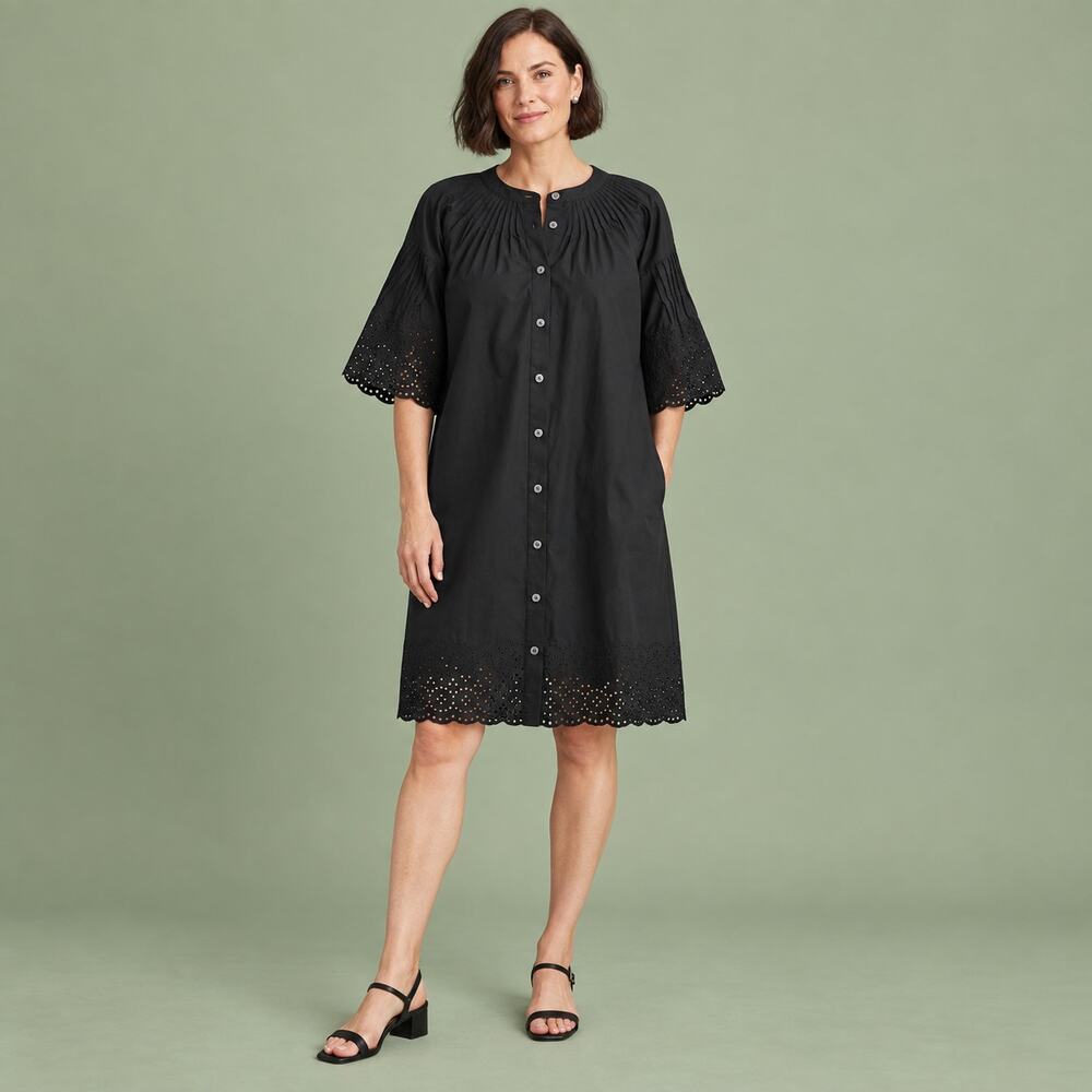 J.Crew Dress WMNS XS Black Eyelet Scalloped Cotton Poplin Romantic Cottagecore
